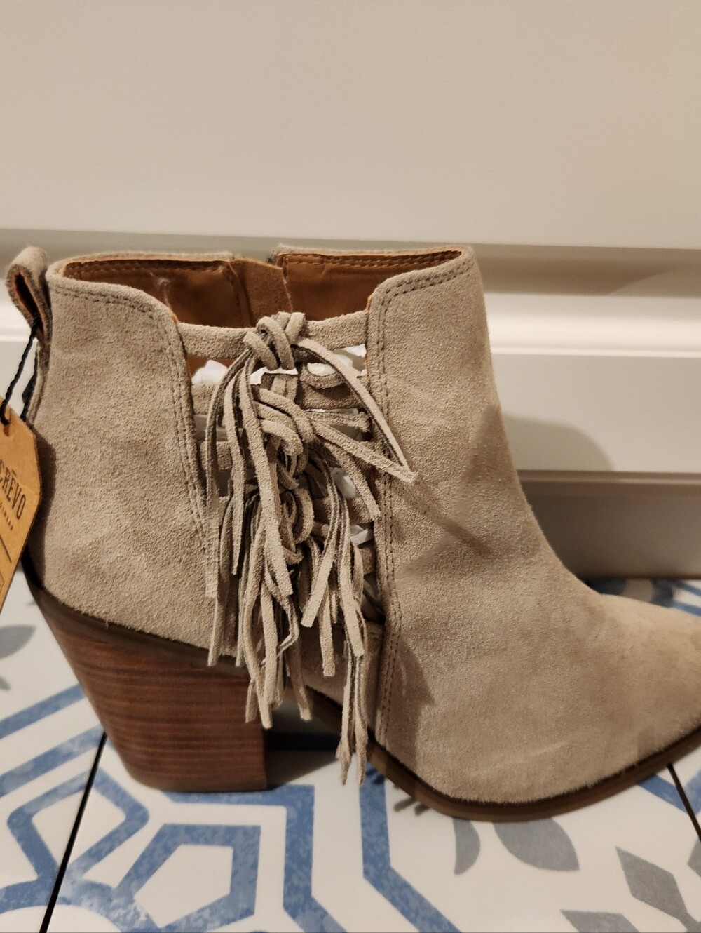 Crevo Taupe Suede Fringe Ankle Booties - Andi